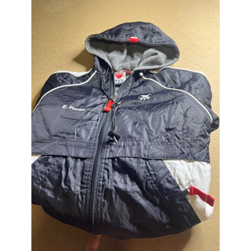 TYR Swim Parka Jacket Black White Fleece Lined Hooded Small E. Pazan Team Parka